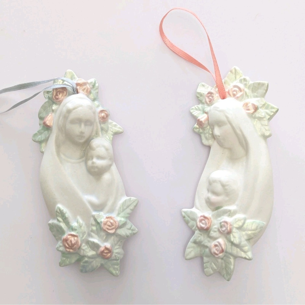 Vintage Madonna And Child Ceramic Ornament Set Virgin Mary Pink Flowers